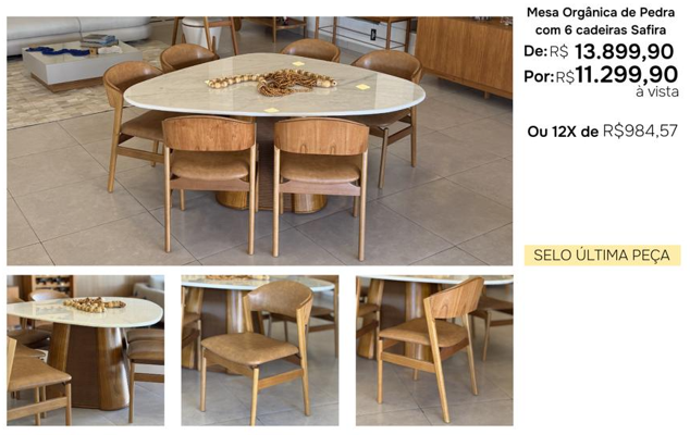 Mesa Orgânica de pedra com 6 cadeiras Safira